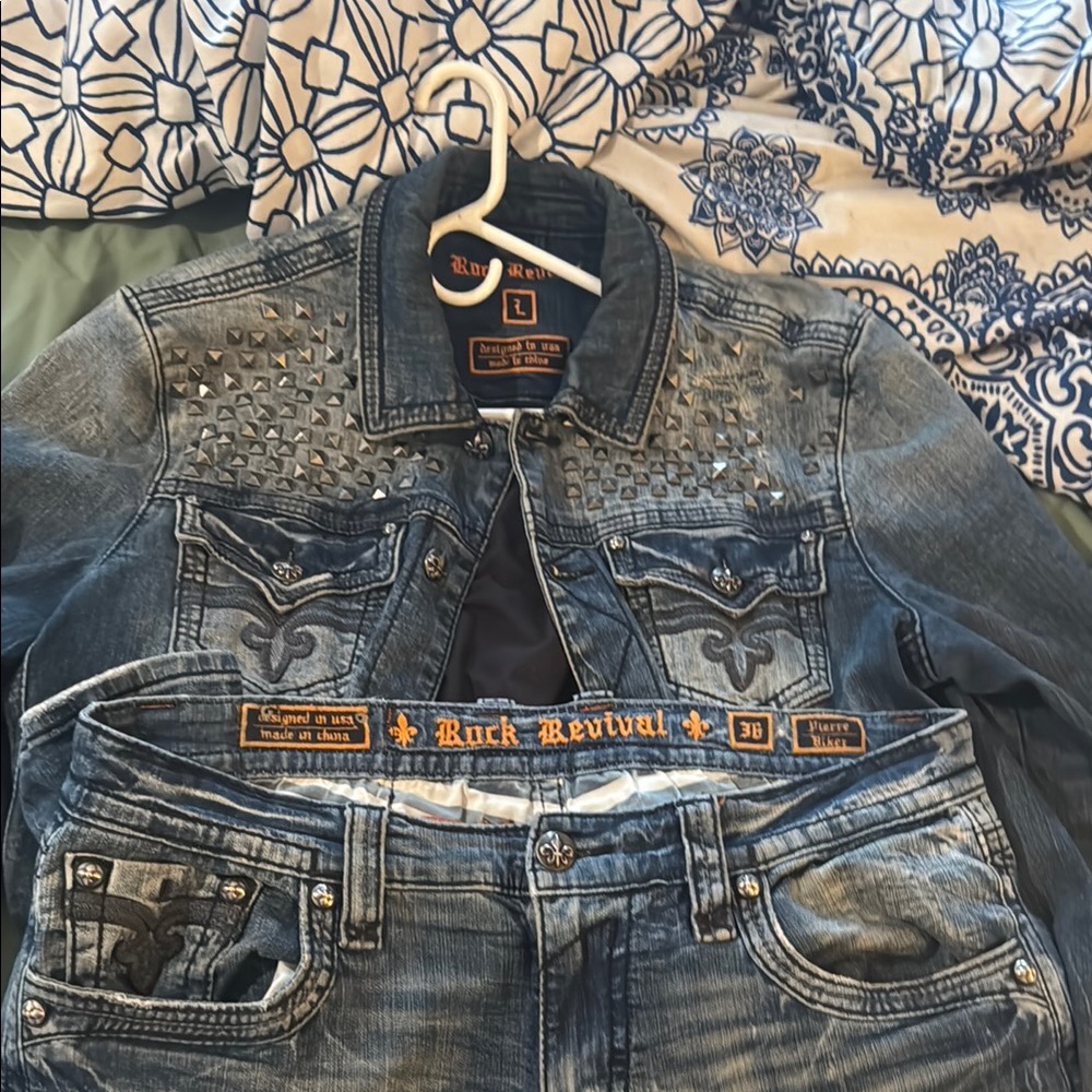 Rock Revival Blue Denim Jacket and Jeans Set